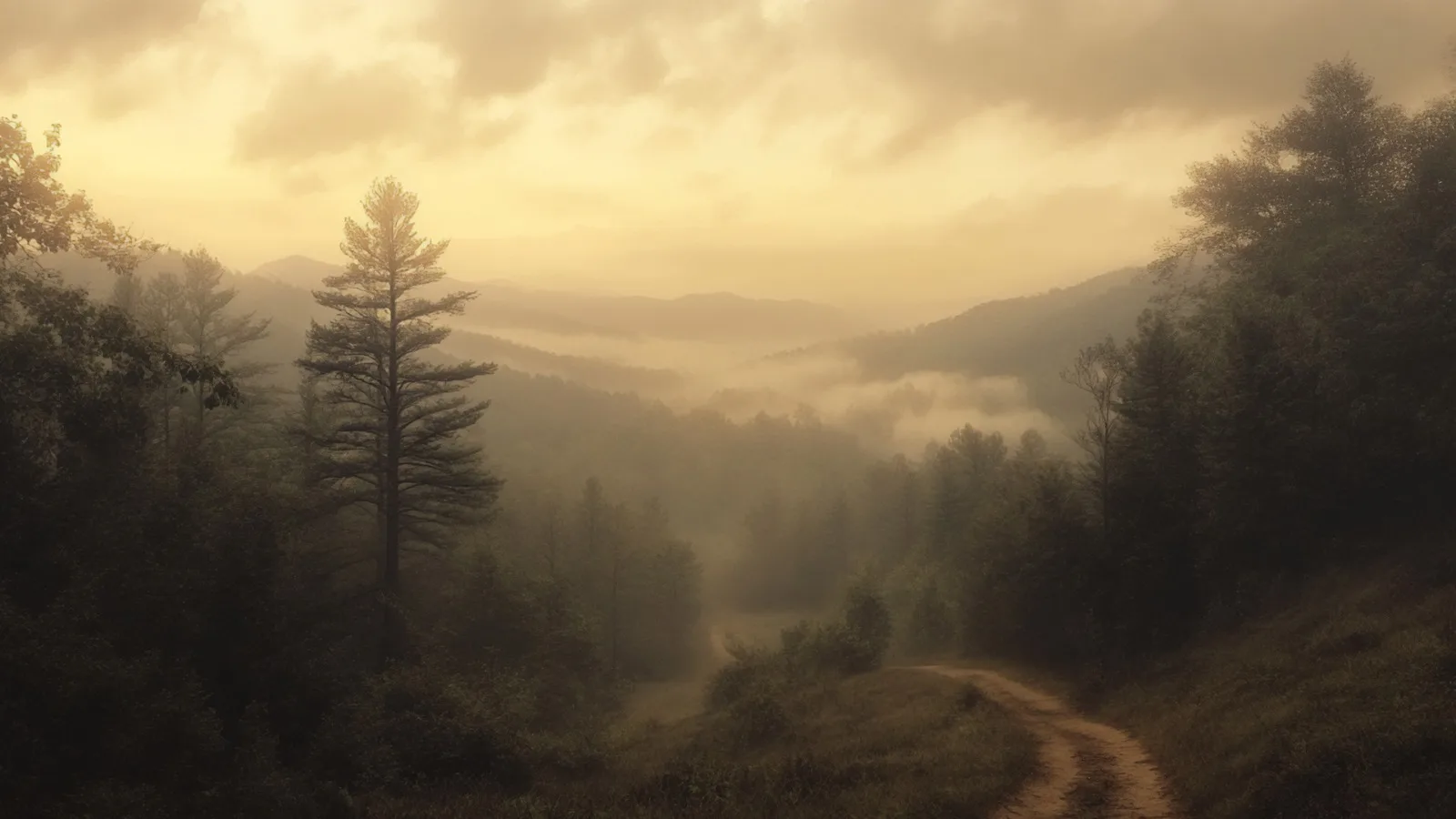 The Genesis of Hymns of Blue Hollow: Kemma MarShall on Crafting a 1940s Appalachian Saga Misty Appalachian valley at dawn with a winding dirt path