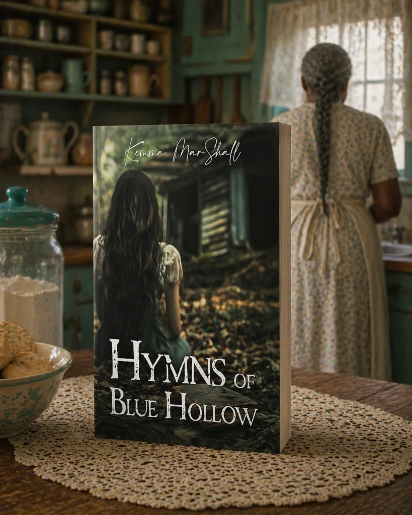 Hymns of Blue Hollow paperback on a farmhouse kitchen table, a woman in a floral dress standing at the lace-curtained window behind it