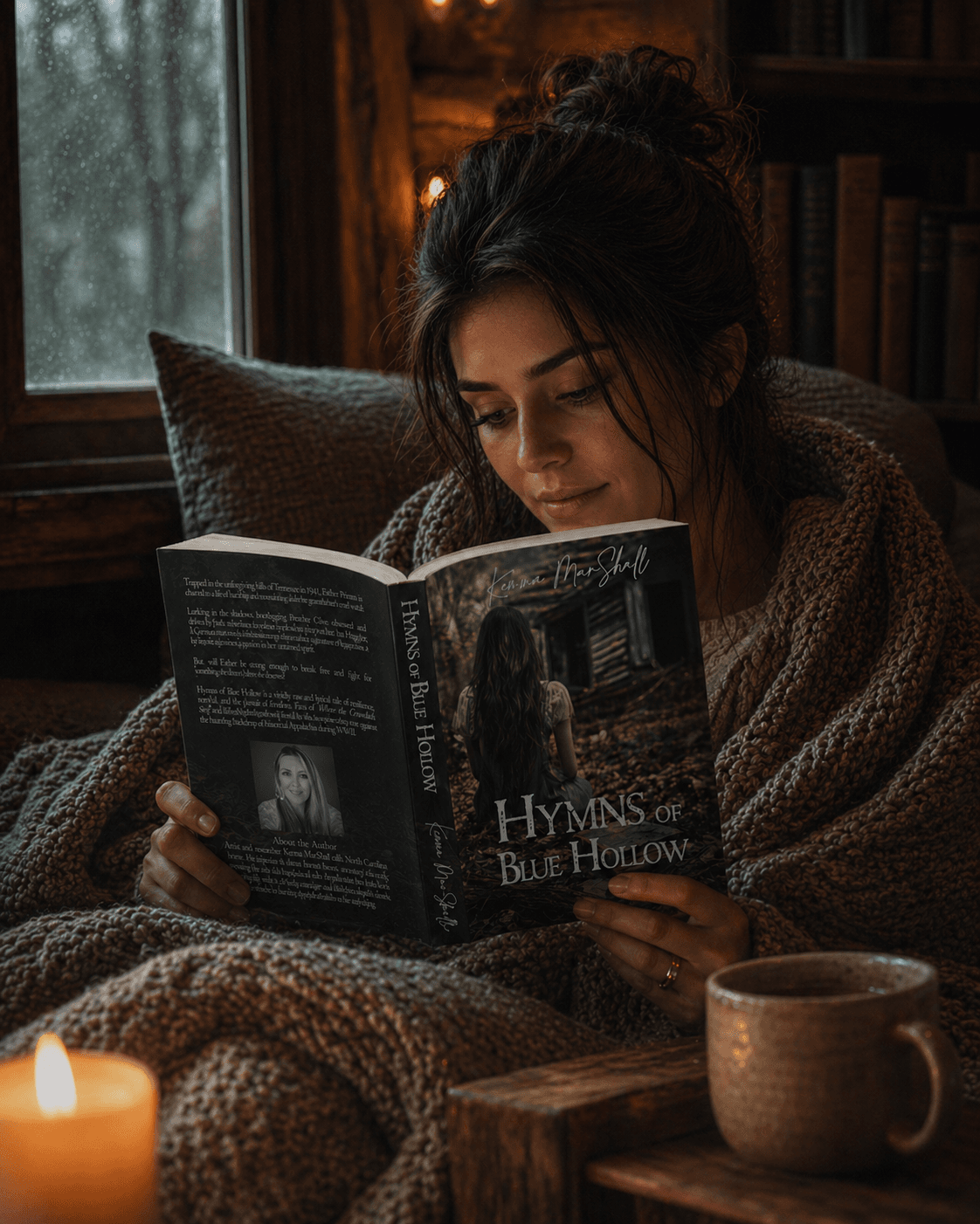 12 Books Like Where the Crawdads Sing (If You Loved Kya, Meet Esther) Reader wrapped in a blanket reading Hymns of Blue Hollow by candlelight with a mug of tea