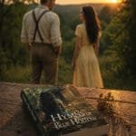 A copy of Hymns of Blue Hollow rests on a weathered wooden table as a couple walks away in a sunset-lit forest background.