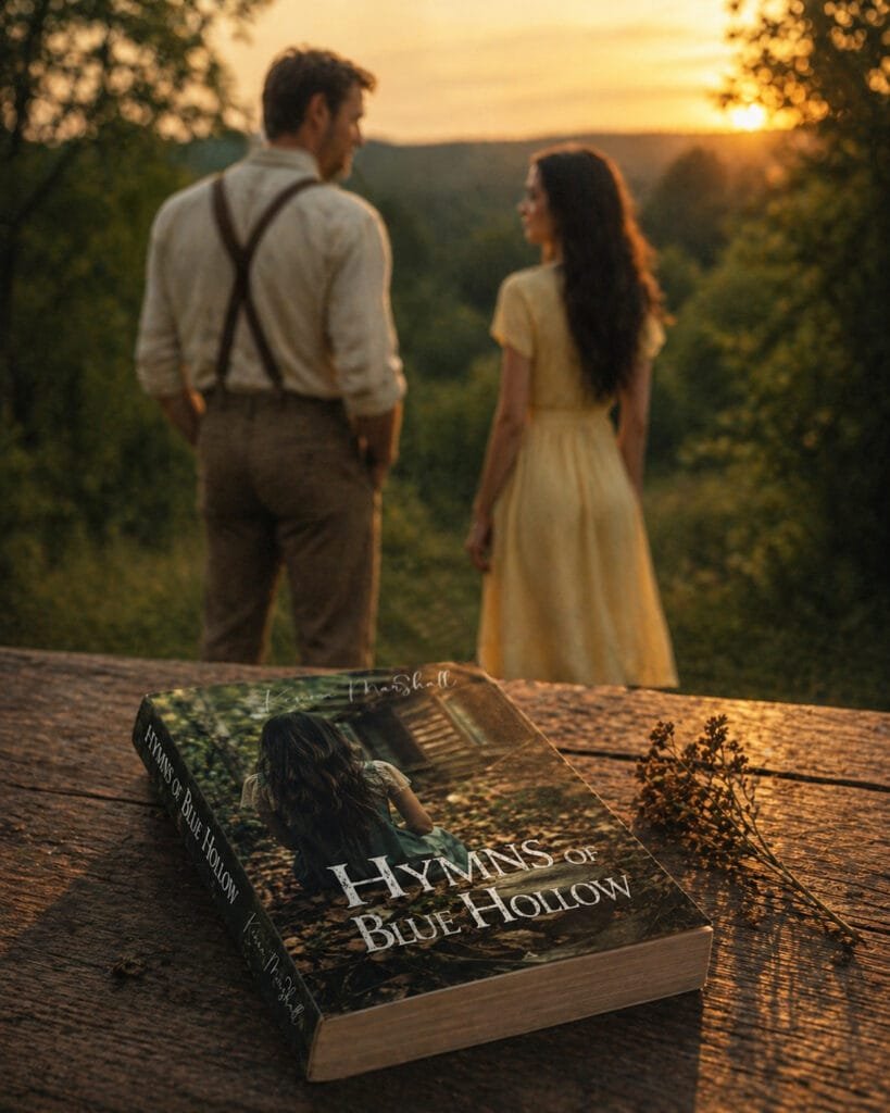 A copy of Hymns of Blue Hollow rests on a weathered wooden table as a couple walks away in a sunset-lit forest background.