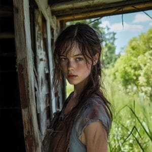 Esther Primm, heroine of Hymns of Blue Hollow, standing in a weathered cabin doorway