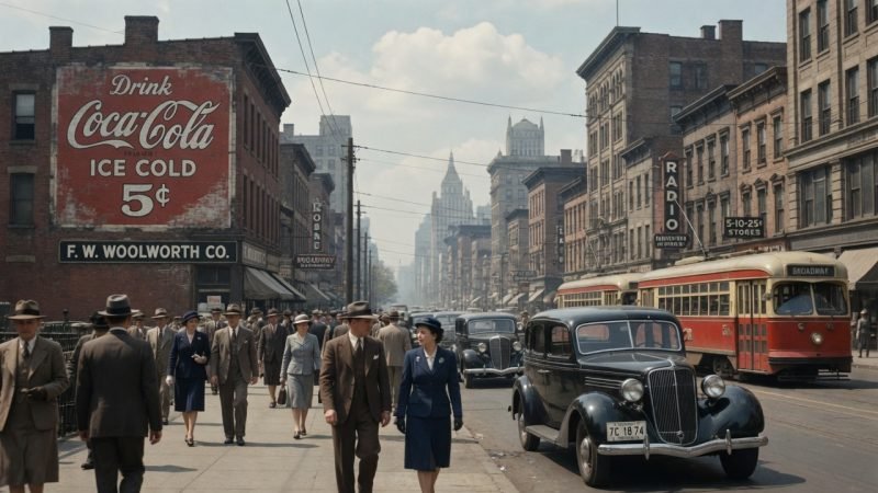 A colorized 1940s city street scene with a Coca-Cola advertisement, a trolley car, and pedestrians in period dress