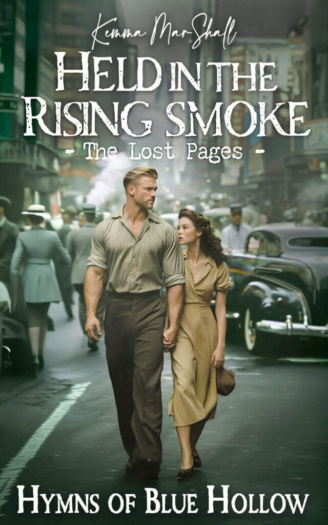 The official book cover for Held in the Rising Smoke, Book 3 in the Hymns of Blue Hollow series by Kemma MarShall.