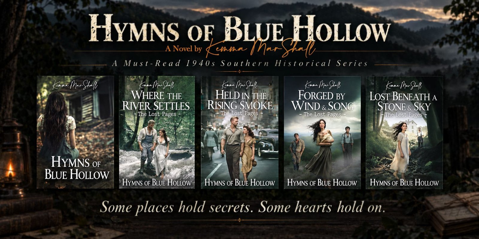 Author Kemma MarShall’s Breakout Bestselling Appalachian Saga Earns Unreserved Recommendation from Midwest Book Review Banner showing the five Hymns of Blue Hollow book covers with the line 'Some places hold secrets. Some hearts hold on.'